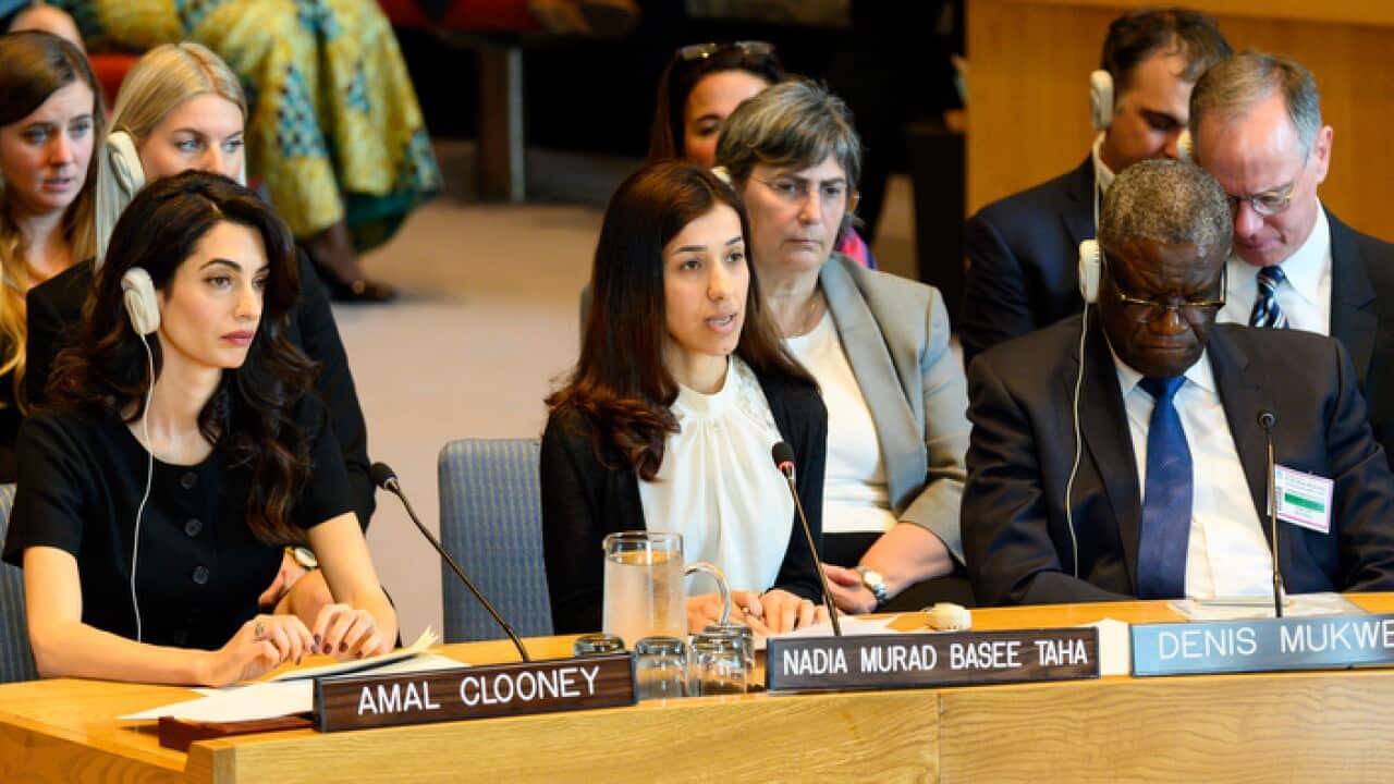 Nadia Murad (ctr), Amal Clooney and Denis Mukwege at the UN meeting in New York