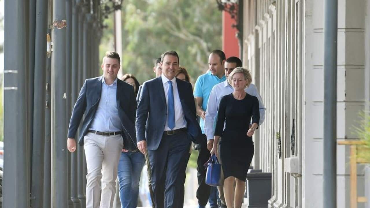 New SA premier Steve Marshall and his frontbenchers on Sunday.