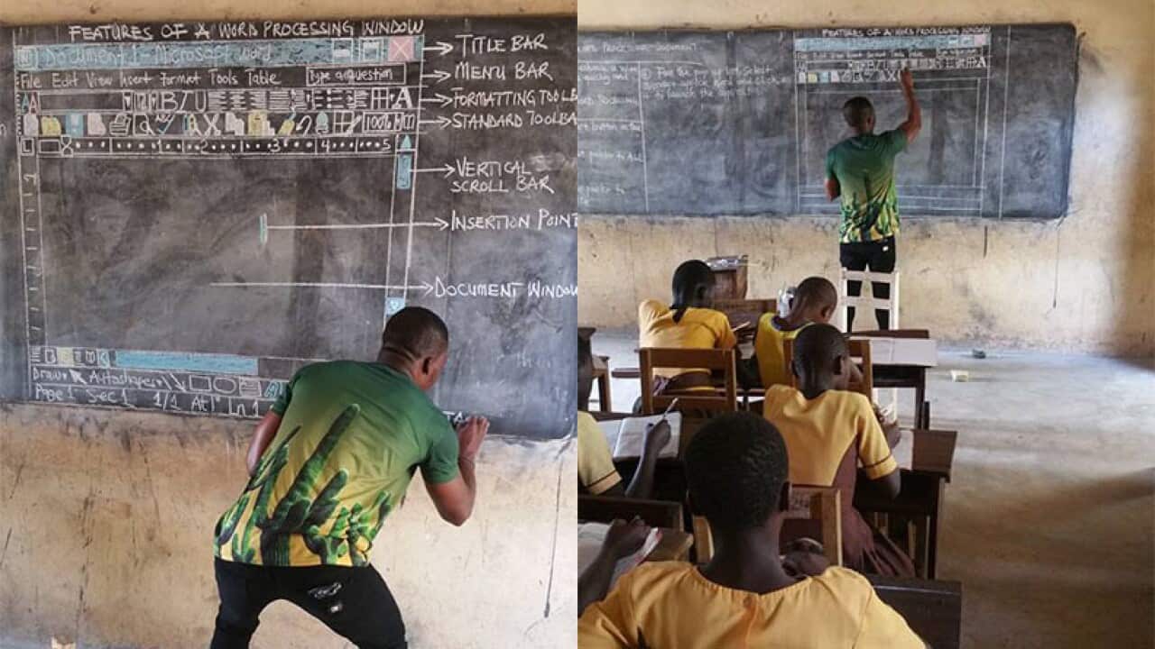 Kwadwo teaches Microsoft Word using a blackboard.