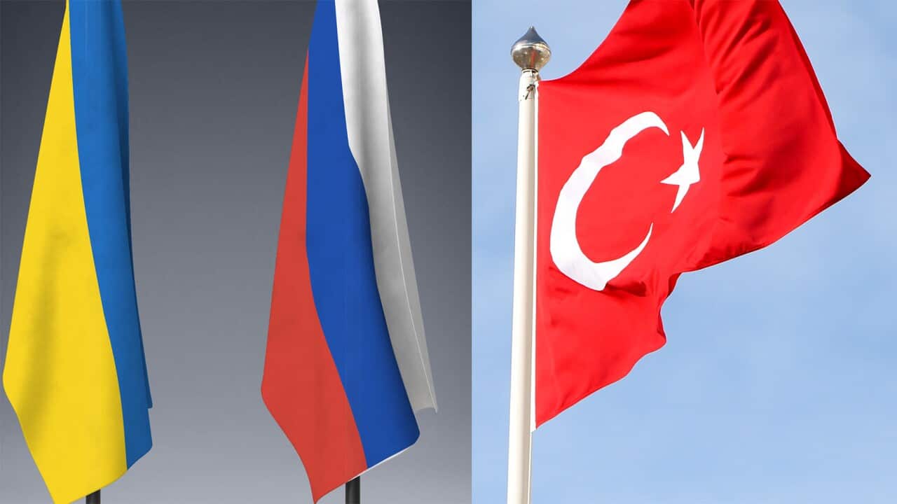 Ukrain, Russia, Turkish flags