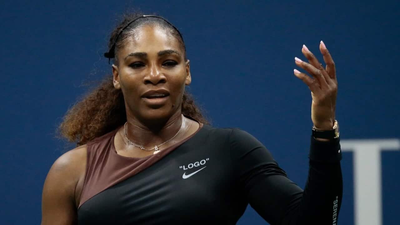Serena Williams reacts after missing a shot against Naomi Osaka, of Japan, during the women's final of the U.S. Open tennis tournament, Saturday, Sept. 8, 2018