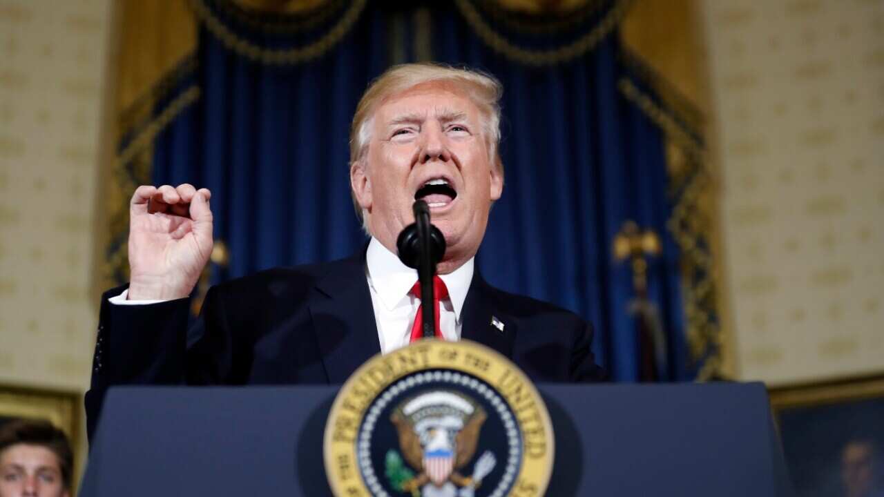 President Donald Trump speaks during an event about healthcare in the Blue Room of the White House, Monday, July 24, 2017, in Washington.