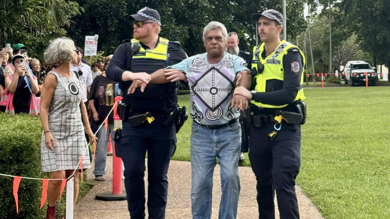Larrakia Elder arrested amid protests over controversial swearing-in of NT administrator Larrakia Elder arrested amid protests over controversial swearing-in of NT administrator