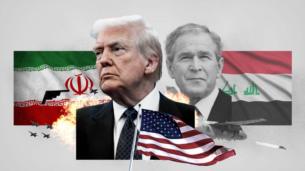 A graphic depicting Donald Trump in colour in the foreground and a faded black and white George W Bush in the background. To Trump's left is the Iranian flag and to Bush's right is the Iraqi flag.