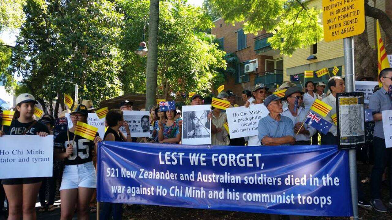 Protesters rally outside 'offensive' New Farm Uncle Ho restaurant