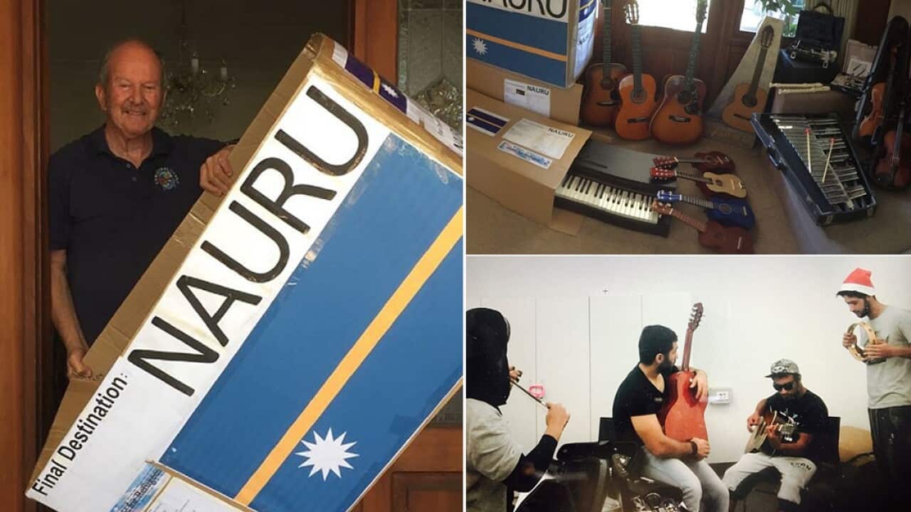 Music for Refugees founder Philip Feinstein (left) is sending donated musical instruments (top right) to refugees in Nauru (bottom right) and Manus Island.