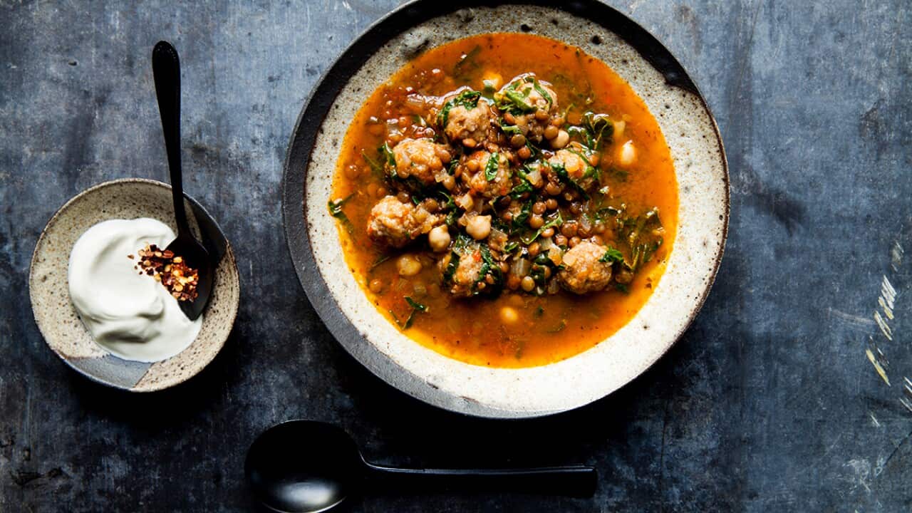 Silverbeet, lentil, chickpea and lamb kofte soup