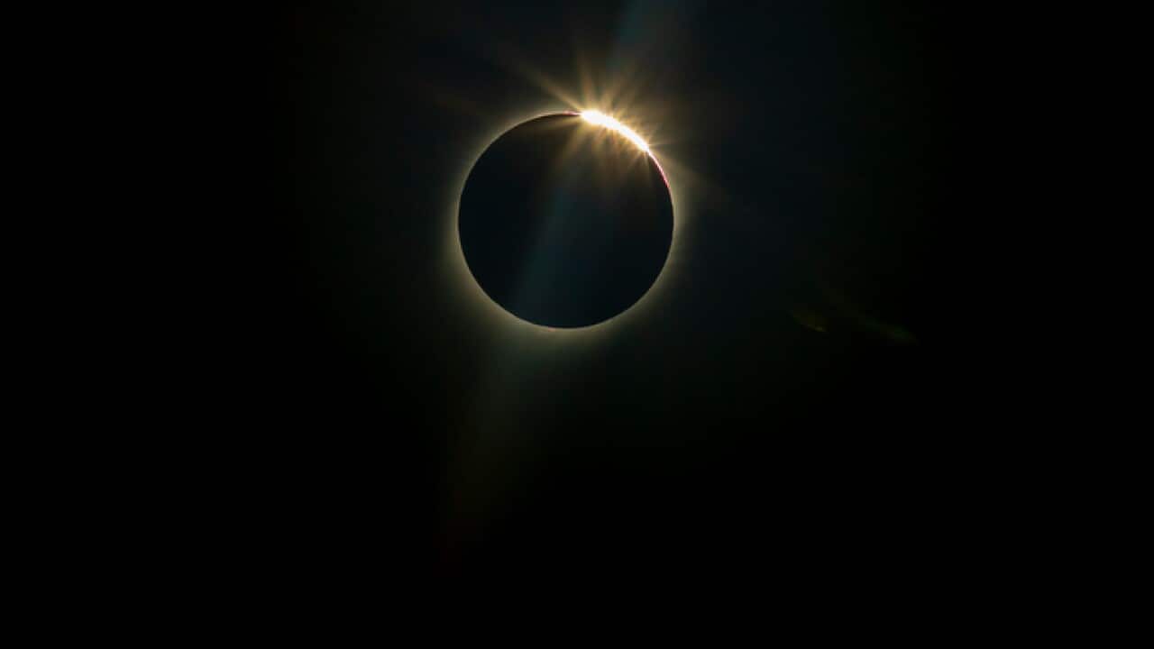 The moon blocks the sun during a total solar eclipse