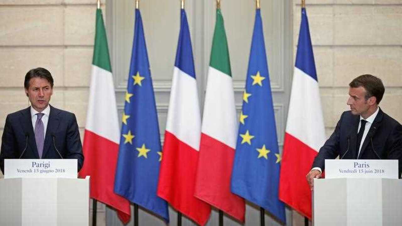 French President Emmanuel Macron and Italian Premier Giuseppe Conte hold a joint press conference following their meeting at the Elysee Palace in Paris, France