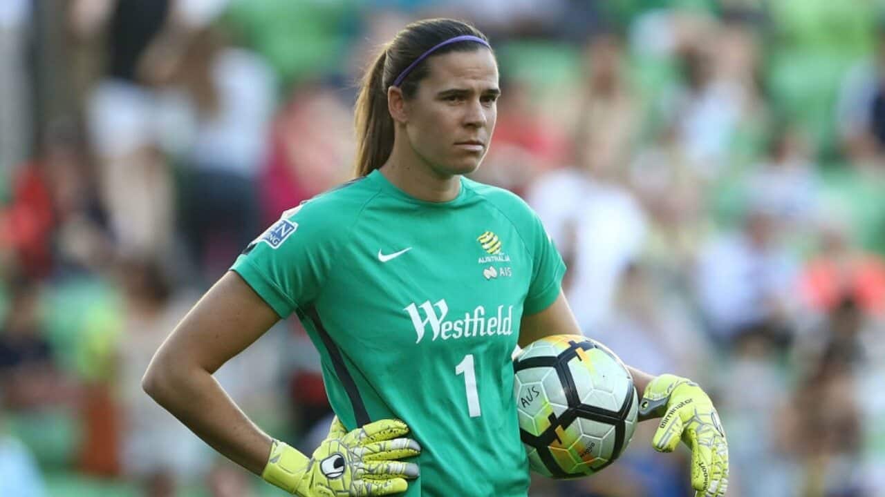 Matildas goalkeeper Lydia Williams looks on prior to a match