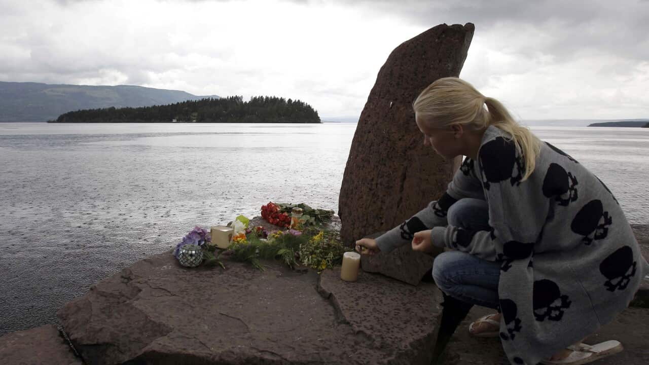 A makeshift memorial in Oslo opposite Utoya island, Norway