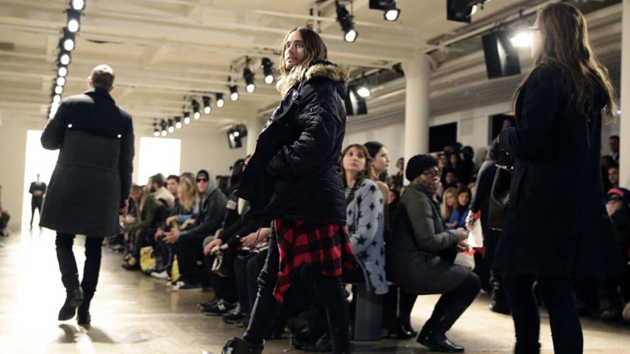 Jared Leto (C) at the presentation of the collection by Jeremy Scott