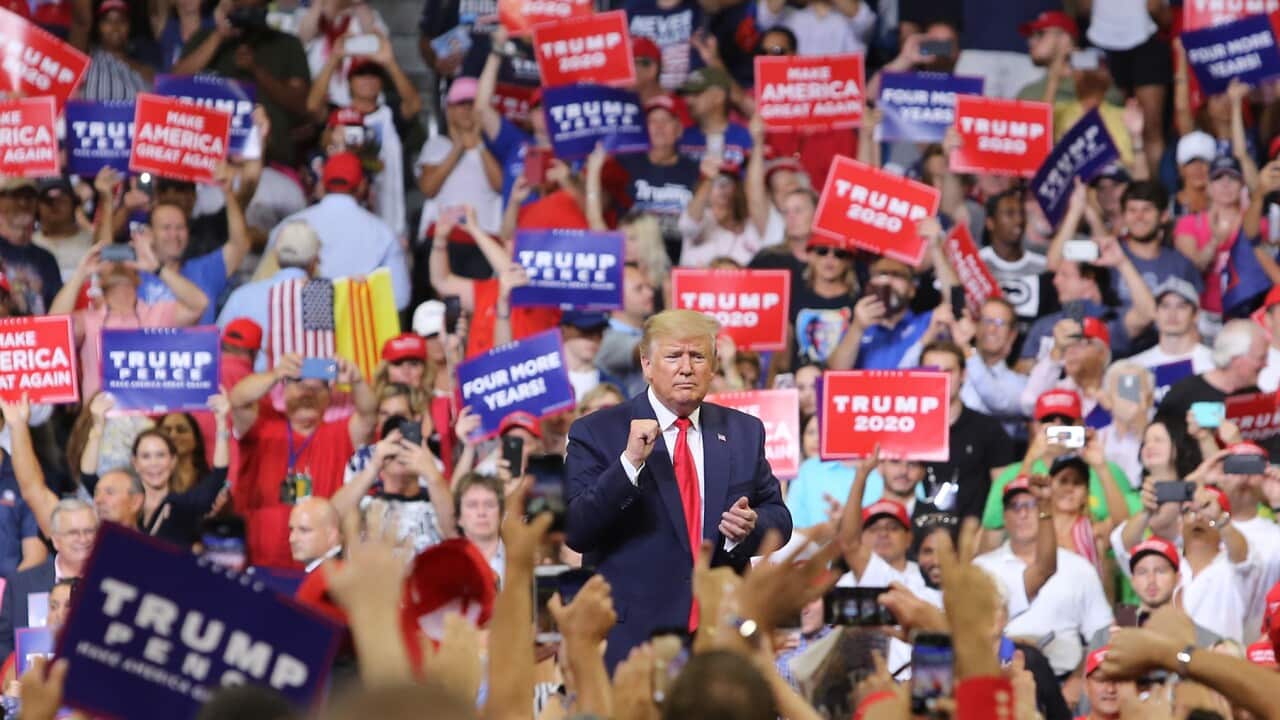 President Donald Trump responds to cheering supporters at Amway Center in Orlando, Fla., on Tuesday, June 18, 2019, during his 2020 campaign kick-off rally. (Photo by Joe Burbank/Orlando Sentinel/TNS/Sipa USA).