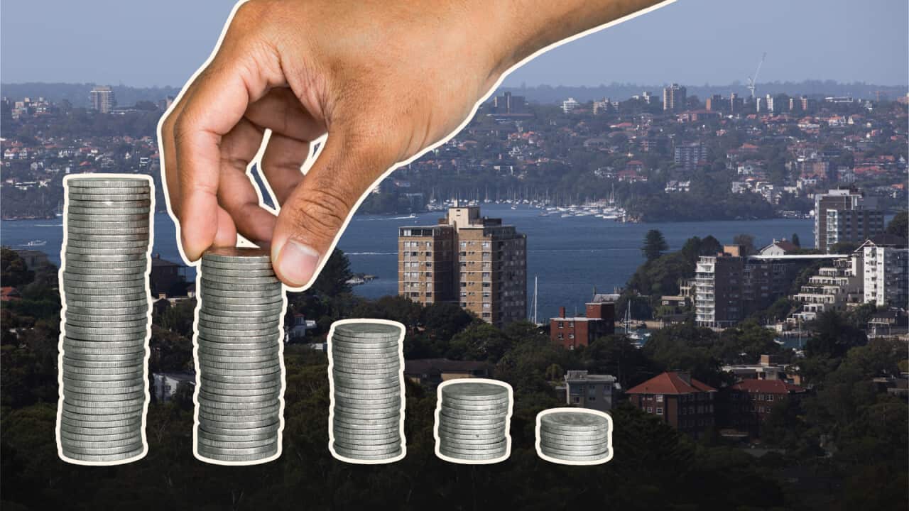 An aerial view of a Sydney coastal skyline, superimposed over is a hand counting stacks of silver coins.