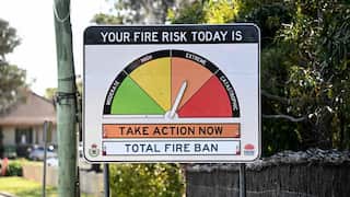 A bushfire danger advisory sign shows extreme fire risk and a total fire ban