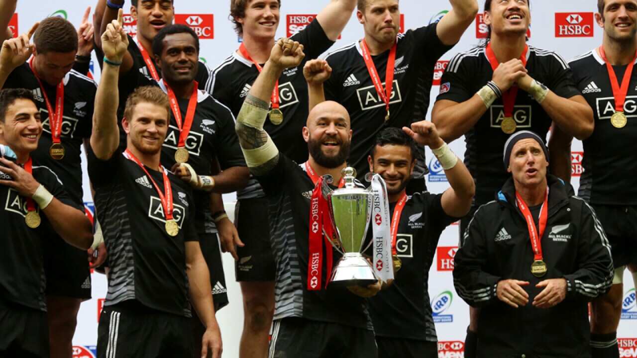NZ Captain DJ Forbes with the Sevens World Series trophy with his side