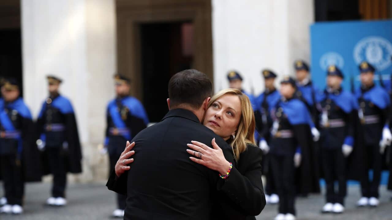 La premier italiana Giorgia Meloni accoglie a Palazzo Chigi il presidente ucraino Volodymyr Zelensky.
