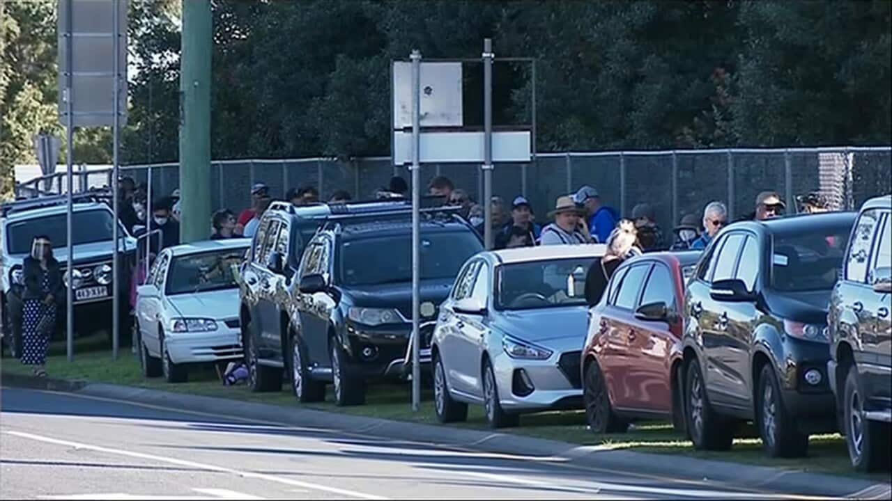 A queue waiting for testing at a Logan COVID-19 test centre (SBS)
