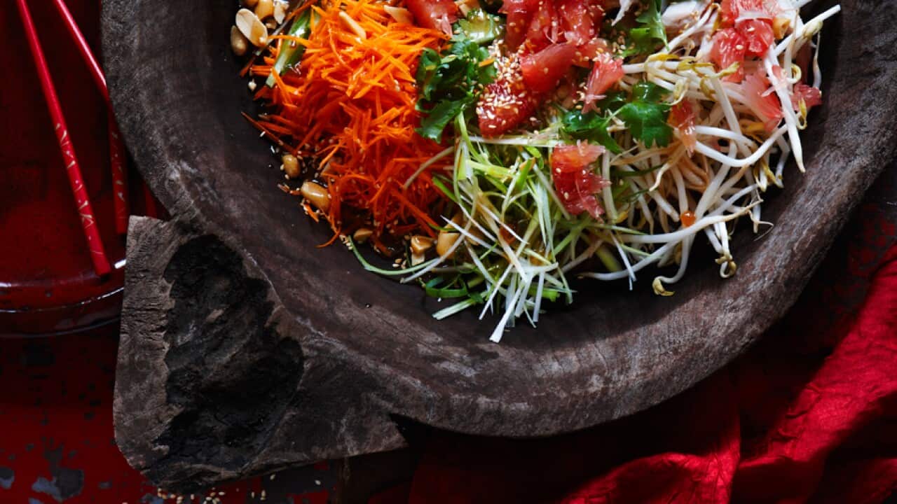 Chinese New Year chicken and pomelo salad with a sweet plum dressing