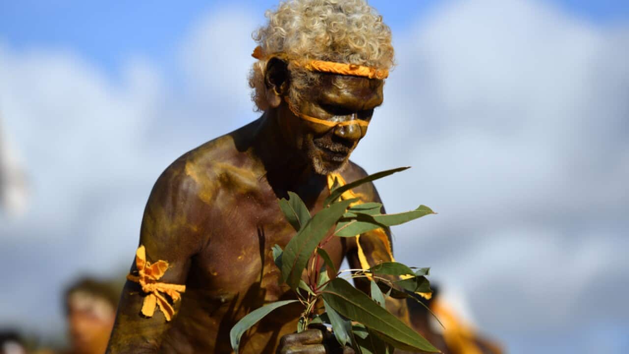 Clan members of the Yolngu people perform the Bunggul traditional dance during 2018's Garma Festival