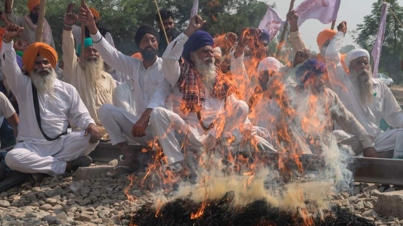 Farmers shout slogans while burning an effigy during a protest against the recent passing of agriculture reform bills in the Parliament,