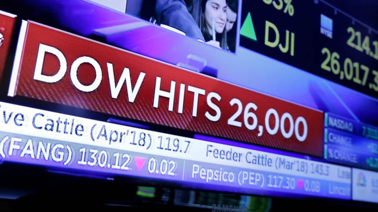 The New York Stock Exchange headlines the Dow Jones industrial average above 26,000 for the first time