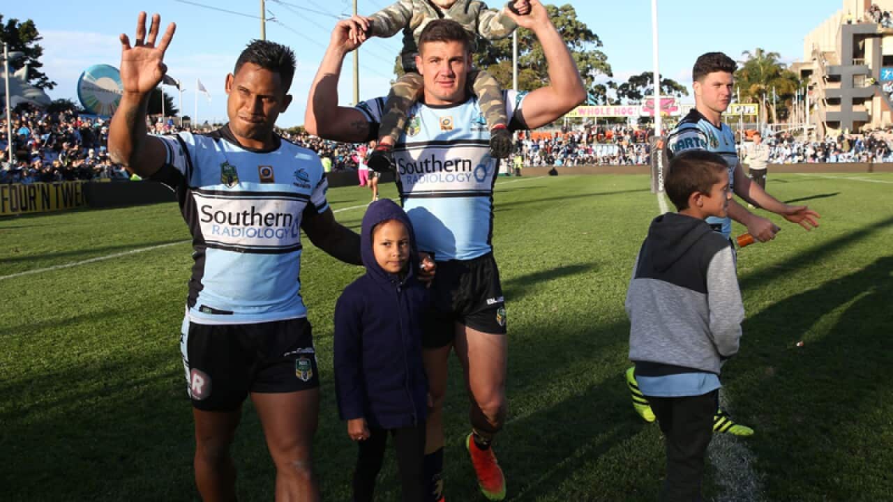 Ben Barba, Chris Heighington and Chad Townsend of the Sharks