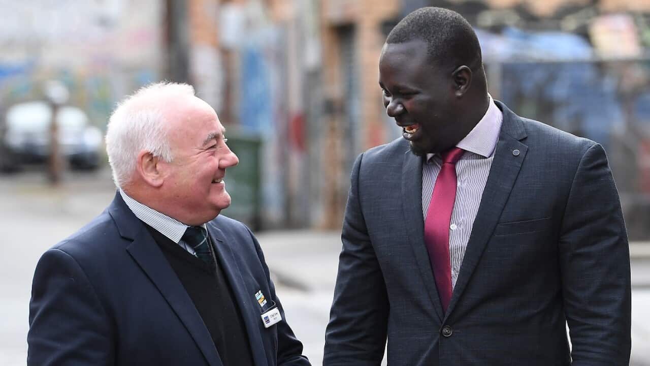 City of Melton Mayor Bob Turner (left) and South Sudanese community leader Maker Mayek are jointly calling for an end to media panic over "African gangs".