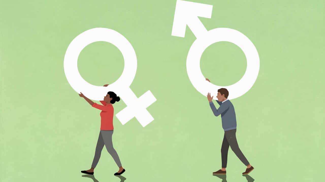 Couple carrying gender symbols on green background