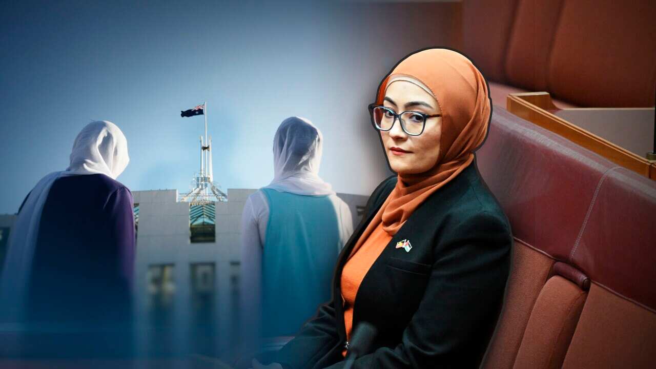 A composite photo of two women wearing headscarves out the front of Parliament House, and Fatima Payman sitting in parliament.