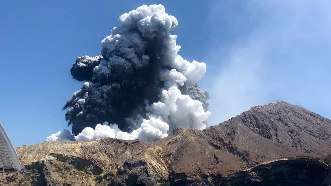Erupting volcano at White Island in New Zealand.