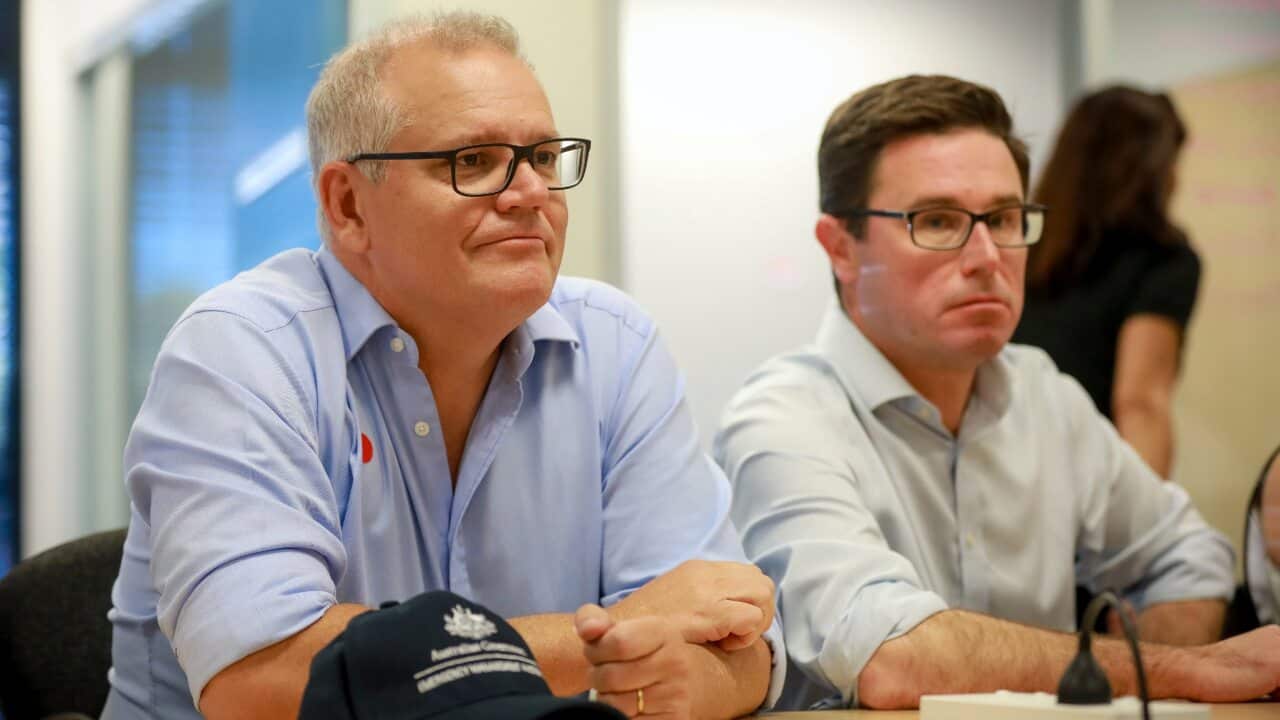 Australian Prime Minister Scott Morrison and Deputy leader of the National Party David Littleproud visit SES HQ in Port Macquarie on 26 March 2021.
