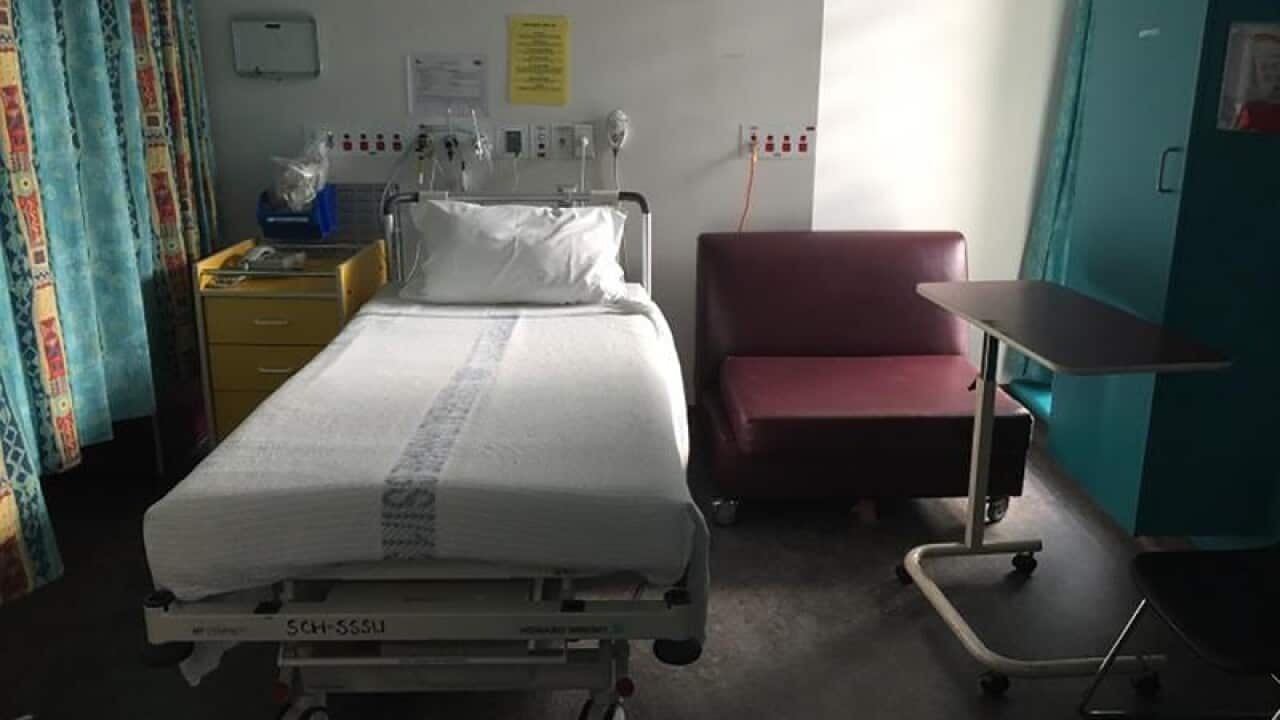 An empty bed seen in a recovery room.