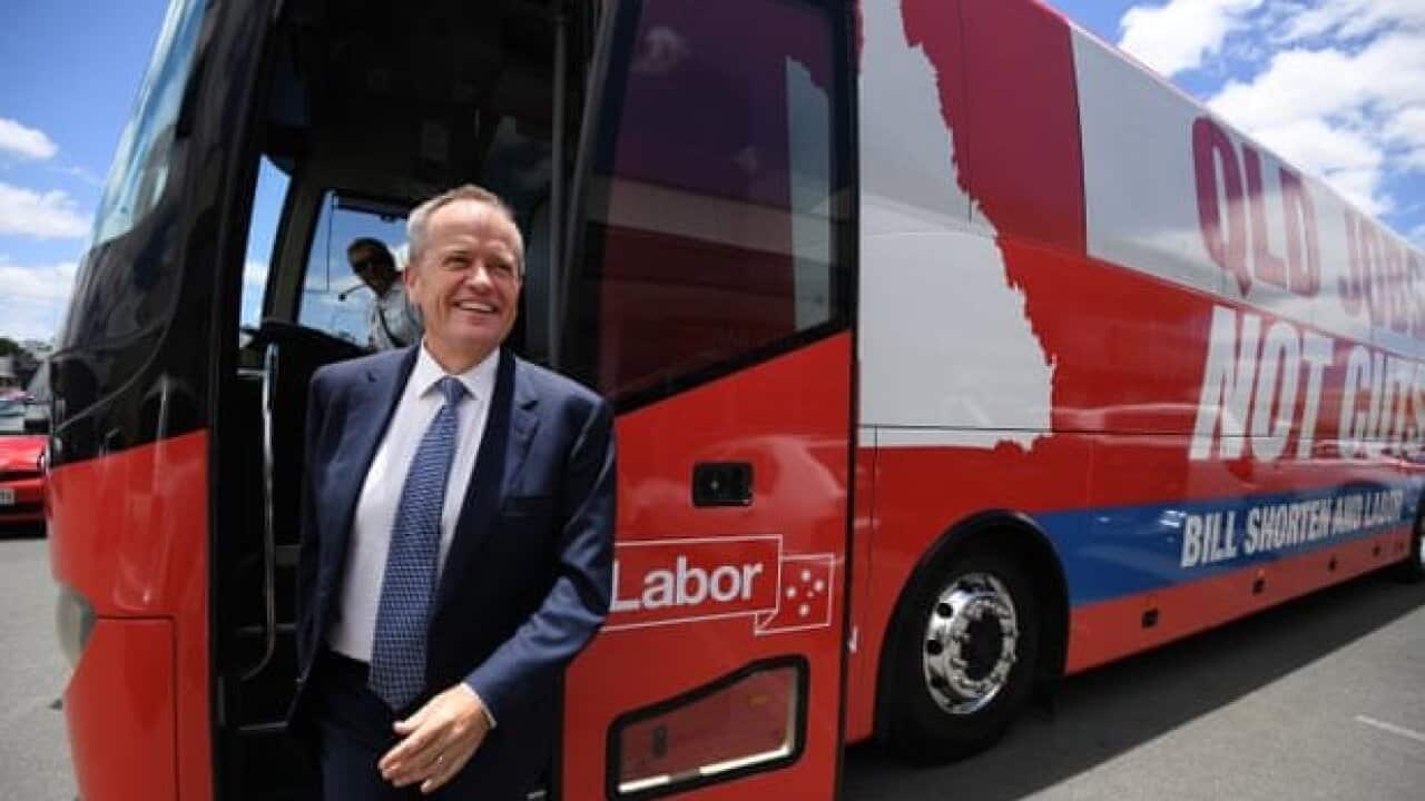 Bill shorten stands next to his campaign bus - "Bill Bus"