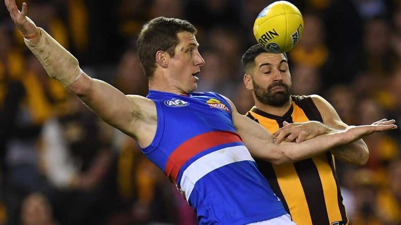 Dale Morris of the Bulldogs (left) and Paul Puopolo of the Hawks