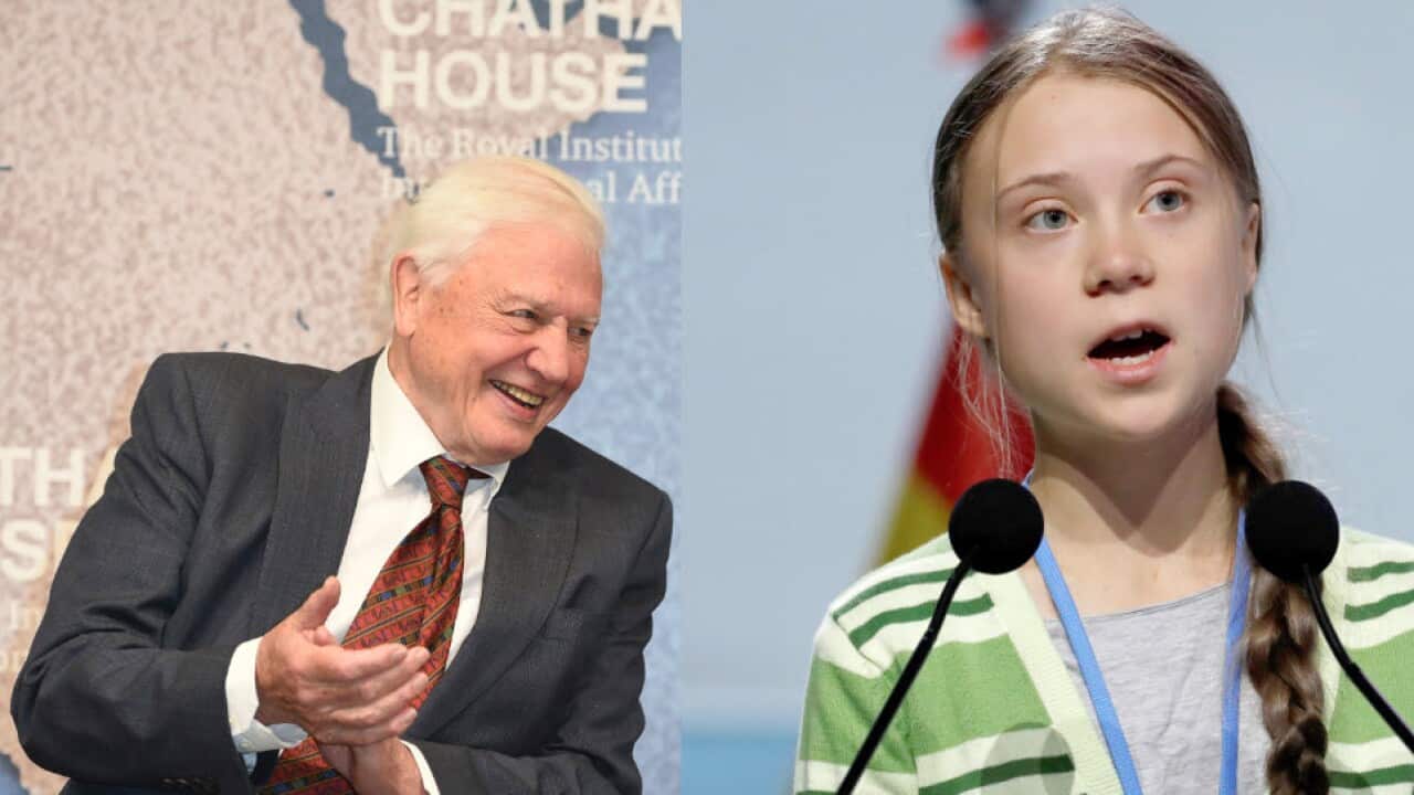 Right: David Attenborough sits alongside Britain's Queen Elizabeth II. Right: Greta Thunberg speaks at the COP25 Summit. 