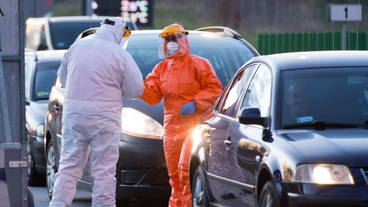 Sanitary controls on the German-Polish border in Jedrzychowice, Poland