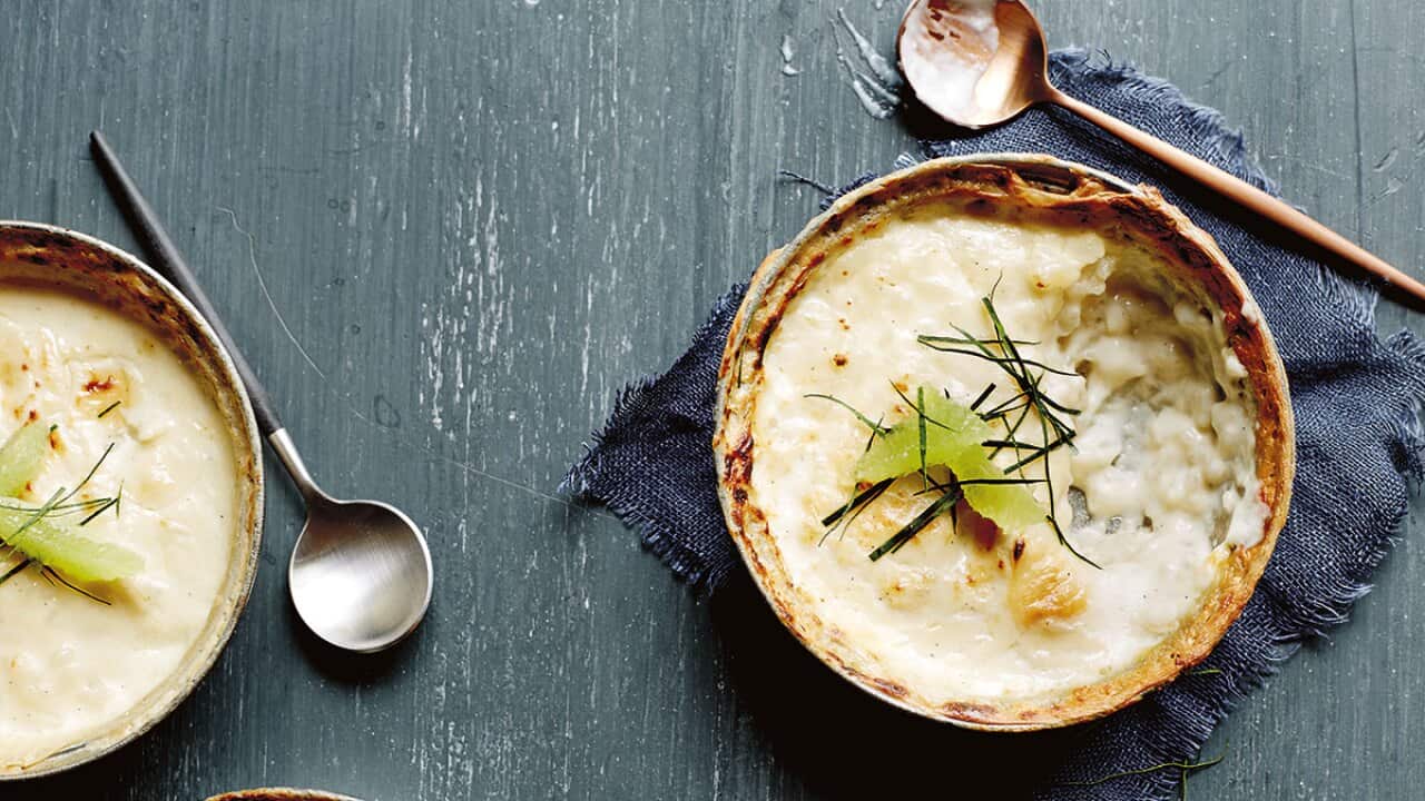 Baked makrut lime & coconut rice pudding