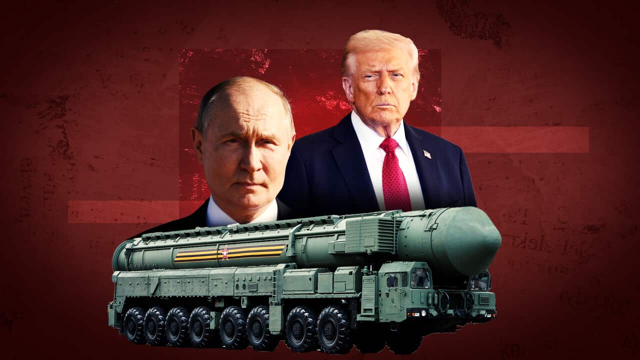 Composite image showing Russian President Vladimir Putin and US President Donald Trump against a dark red background, with a large military missile launcher in the foreground.