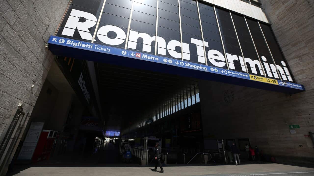 ROMA, ITALY - 2020/04/17: A view of the entrance of Stazione Termini, Romes central train Station during the lockdown imposed nationwide by the Italian government that tries to tackle the coronavirus outbreak.