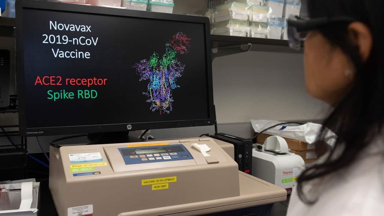 Dr Nita Patel looks at a computer model showing the protein structure of a potential COVID-19 vaccine at Novavax labs in Maryland