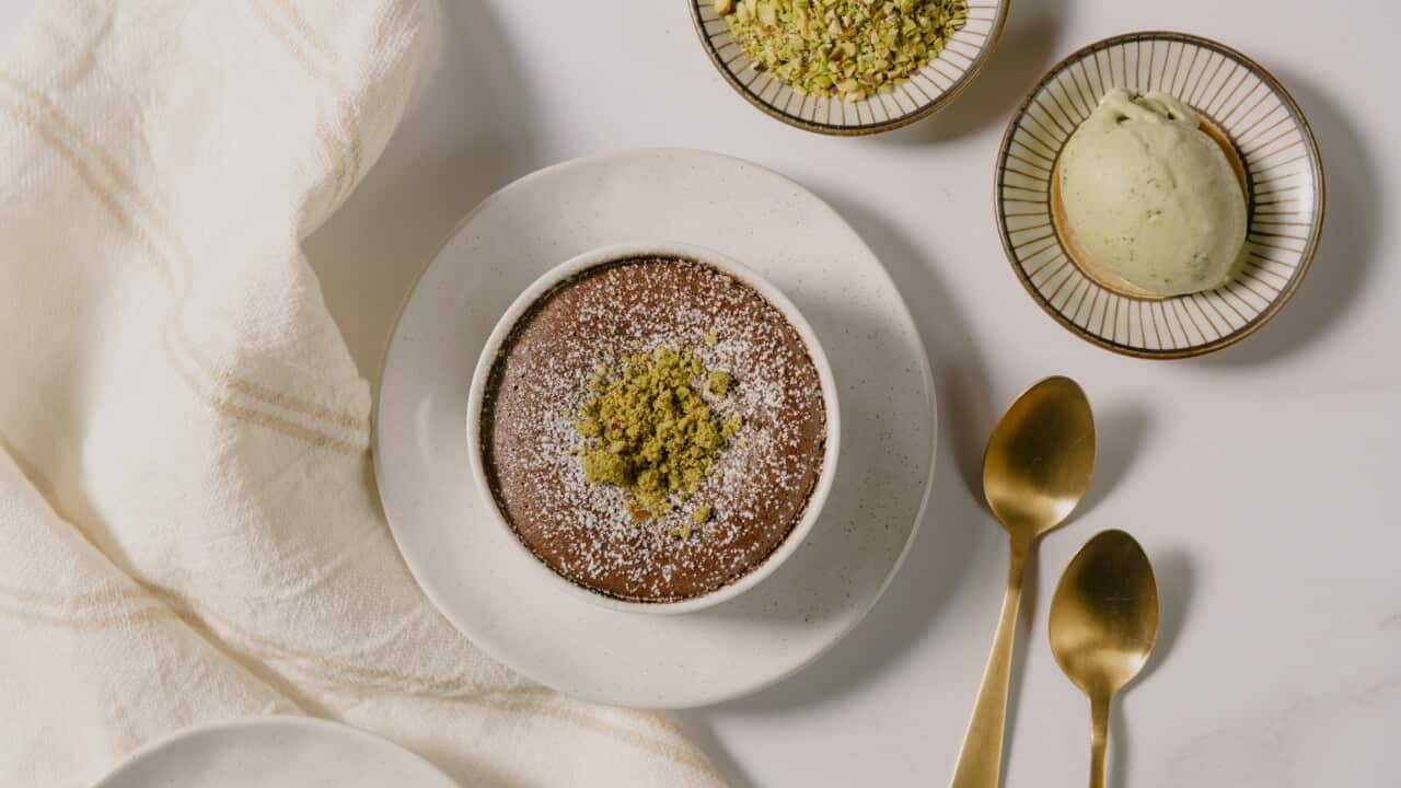 Chocolate fondant with pistachio ice cream