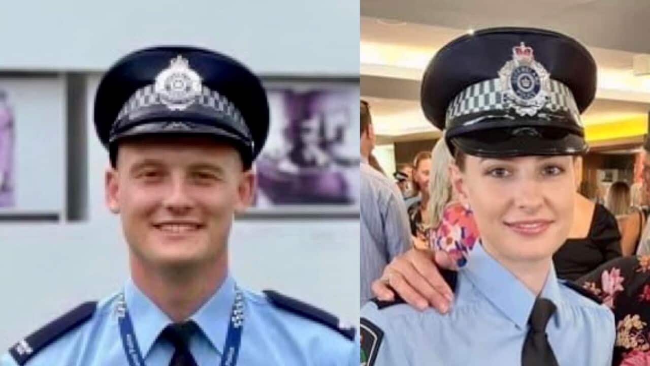 A composite image of a male police officer on the left and a female police officer on the right