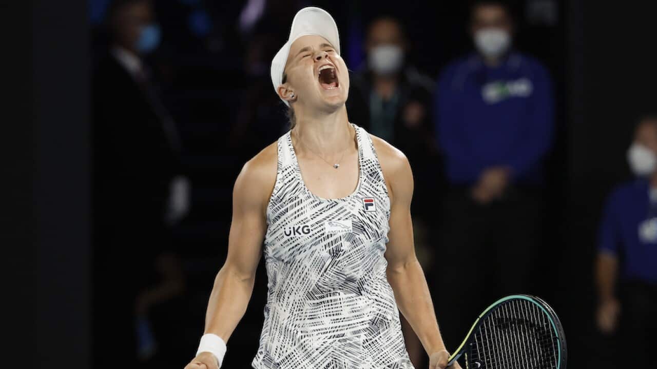 Ash Barty of Australia celebrates after defeating Danielle Collins of the U.S. in the women's singles final at the Australian Open tennis championships in Saturday, Jan. 29, 2022, in Melbourne, Australia. (AP Photo/Hamish Blair)
