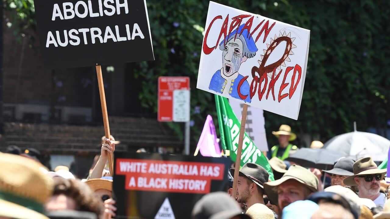 Protestors take part in an Invasion Day Rally in Sydney, Saturday, January 26, 2019. (AAP Image/ Joel Carrett) NO ARCHIVING