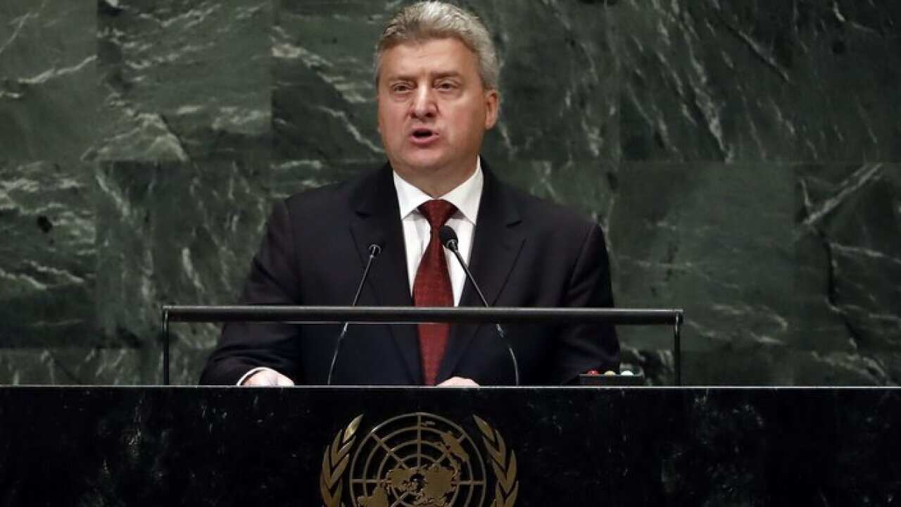 Macedonia's President Gjorge Ivanov addresses the 73rd session of the United Nations General Assembly, Thursday, Sept. 27, 2018. (AP Photo/Richard Drew)