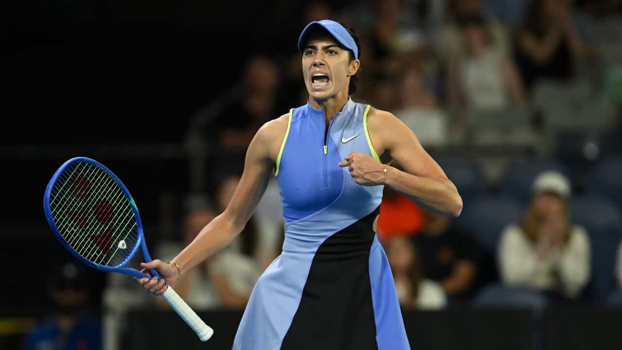 Olga Danilovic of Serbia celebrates after winning the Women’s Singles first round match against Venus Williams of the United States on day 1 of the 2026 Australian Open tennis tournament at Melbourne Park in Melbourne