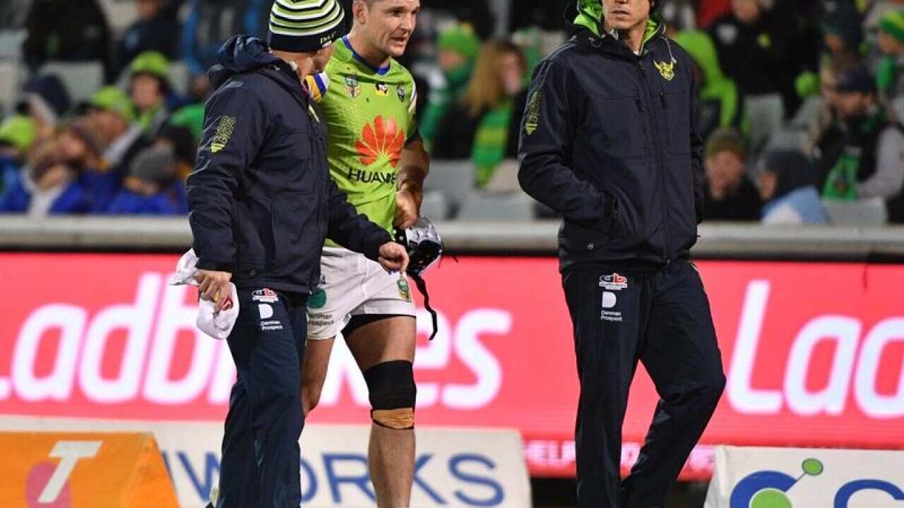 Canberra Raiders captain Jarrod Croker leaves the field injured