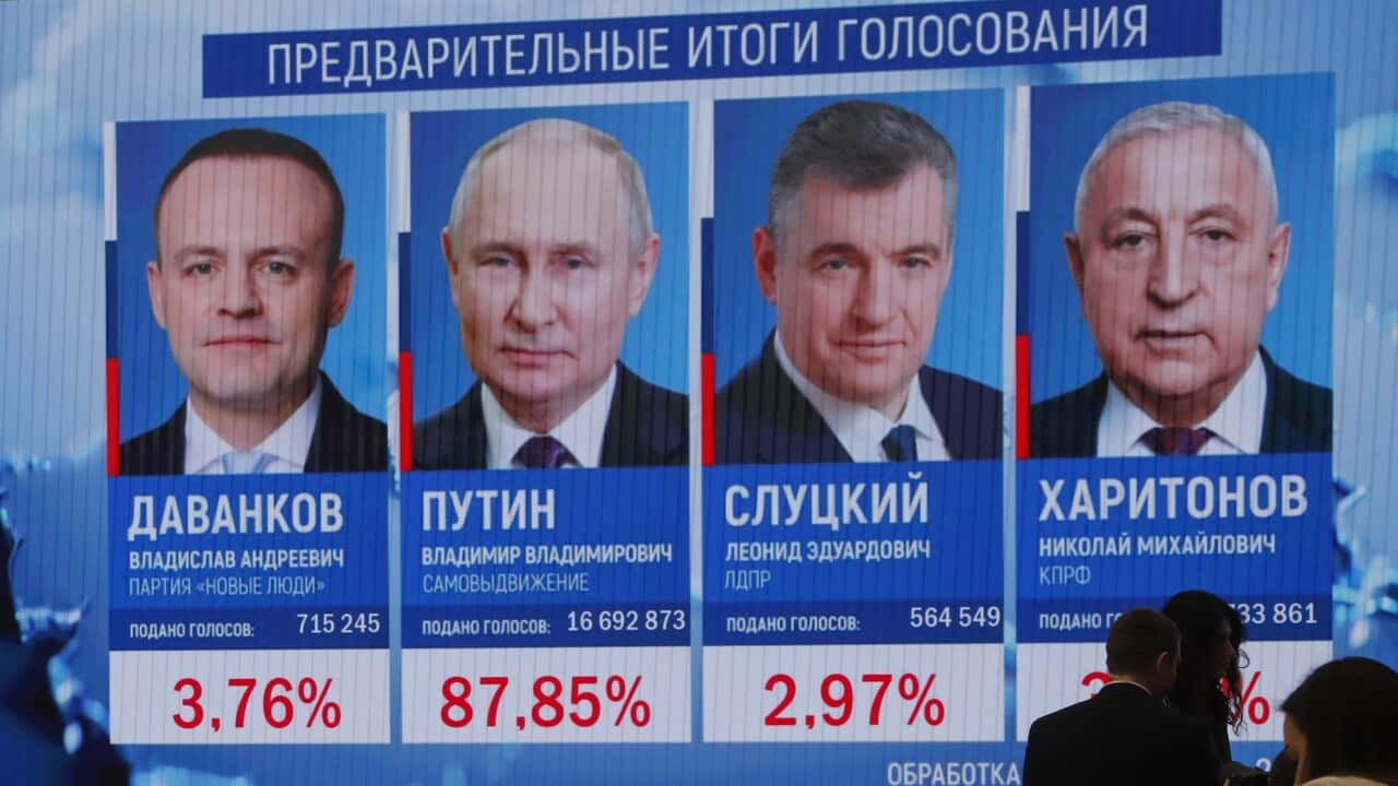 A screen shows candidates for the Russian presidential election and their respective vote percentages.