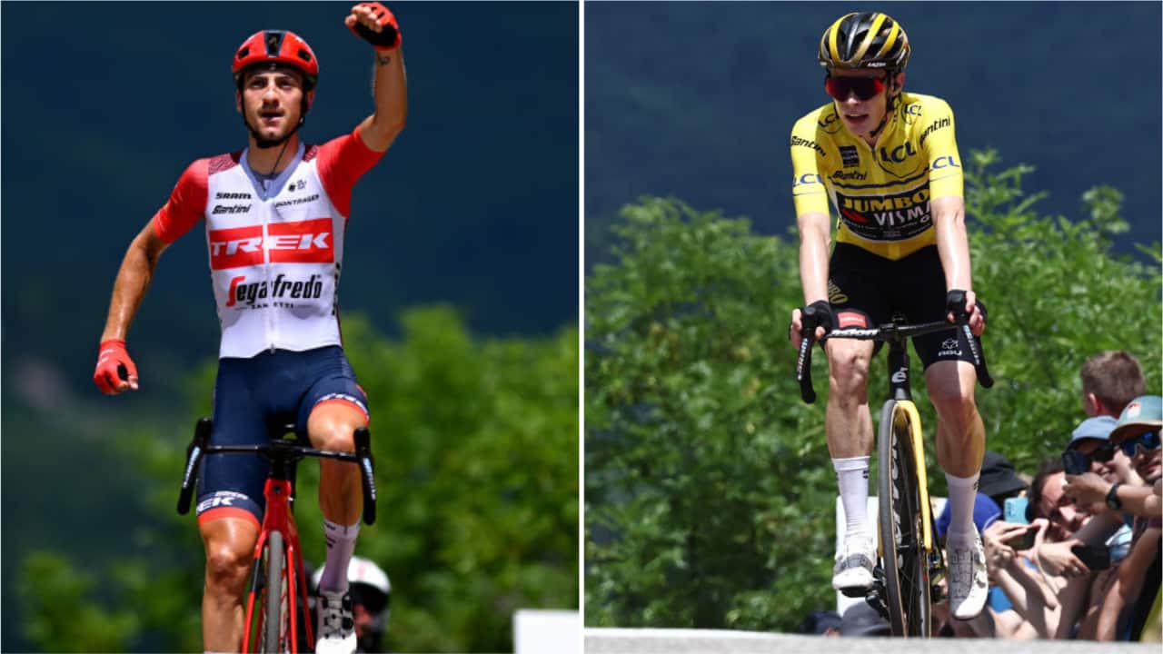 Giulio Ciccone (Trek-Segafredo) celebrates winning Stage 8, with Jonas Vingegaard (Jumbo-Visma) winning the overall title at Criterium du Dauphine